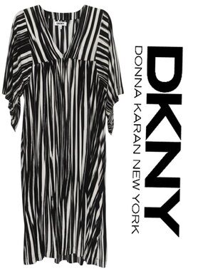 NWT $78 DKNY Black Ivory Abstract Stripe Lounge Dress Sleep Patio Dress S/M